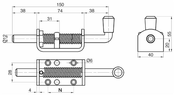 Perno a molla in acciaio inox con il diametro del perno Ø 12mm e base di fissaggio 74x40mm - Ama