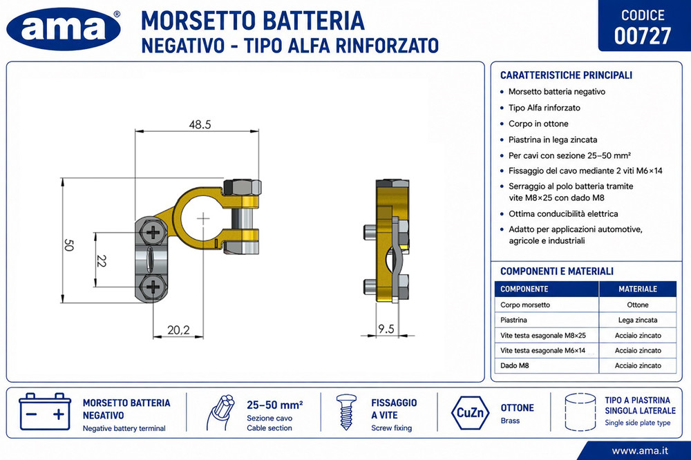 Morsetto batteria in ottone con polarità negativa e sezione cavo 25 - 50mm² - Ama