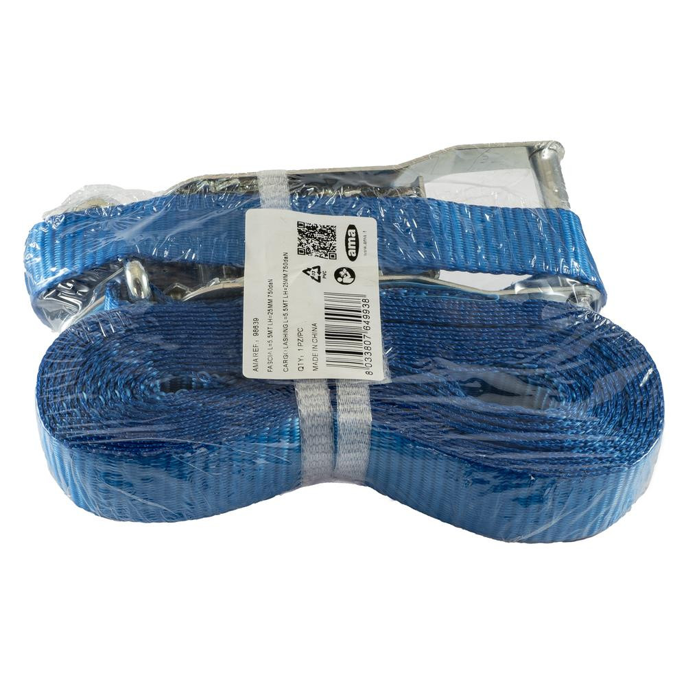 Fascia di ancoraggio in poliestere con cricchetto e ganchi ad uncino 5,5mt 25mm 750dan - Ama