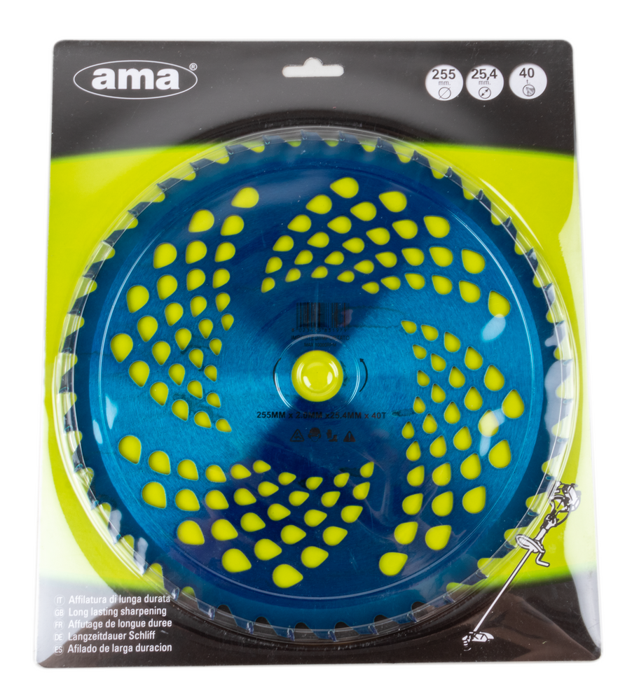 Disco professionale per decespugliatore con 40 denti in tungsteno anodizzato blu Ø esterno 255mm Ø foro 25,4mm per qualsiasi tipo di erba e vegetazione - Ama