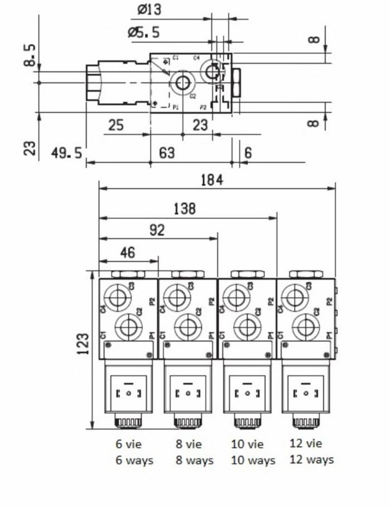 Deviatore elettrico modulare a 6 vie da 1/4" 12VDC - Bosch Rexroth