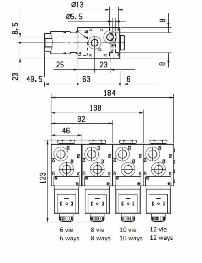 Deviatore elettrico modulare a 6 vie da 1/4" 12VDC - Bosch Rexroth