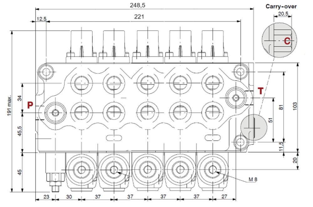 Distributore Walvoil SD5 a 5 leve doppio effetto - 40L - Walvoil