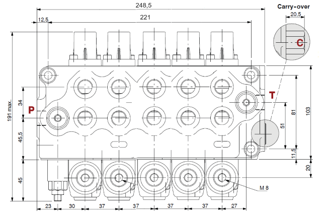 Distributore Walvoil SD5 a 5 leve doppio effetto - 40L - Walvoil