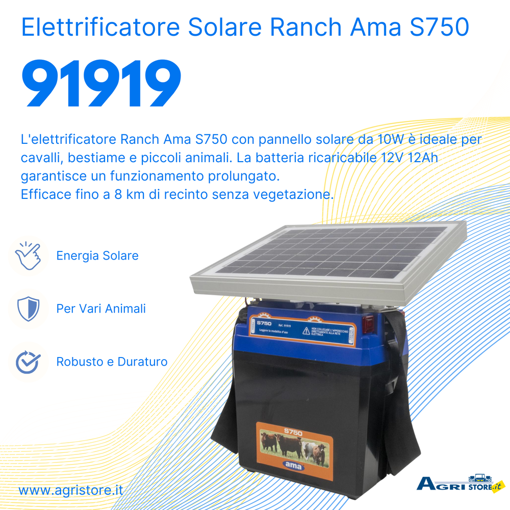 Elettrificatore Ranch Ama S750 a batteria con alimentazione a pannello solare 10W - Ama