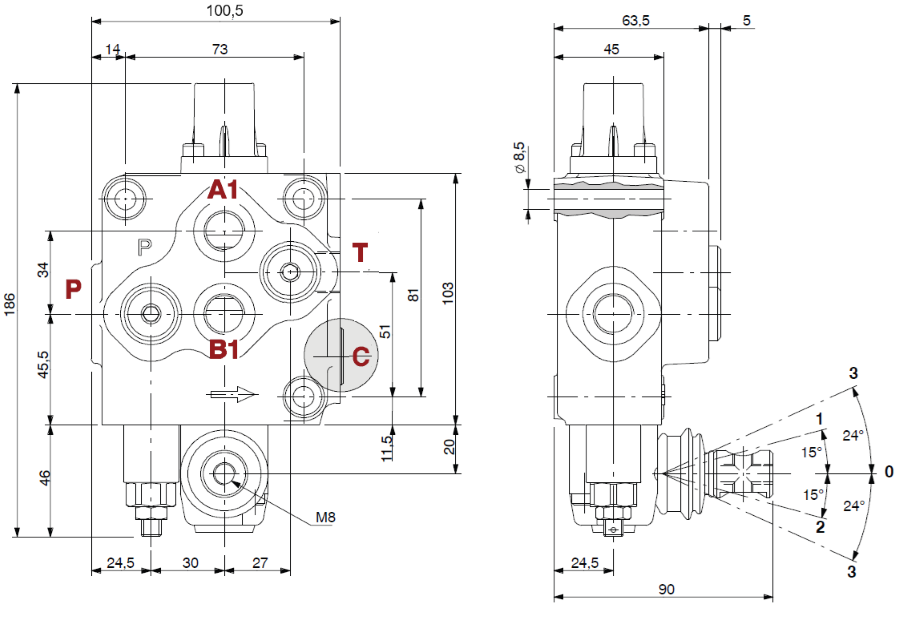 Distributore Walvoil modello SD5 a 1 leva doppio effetto rotativo - 40L - Walvoil