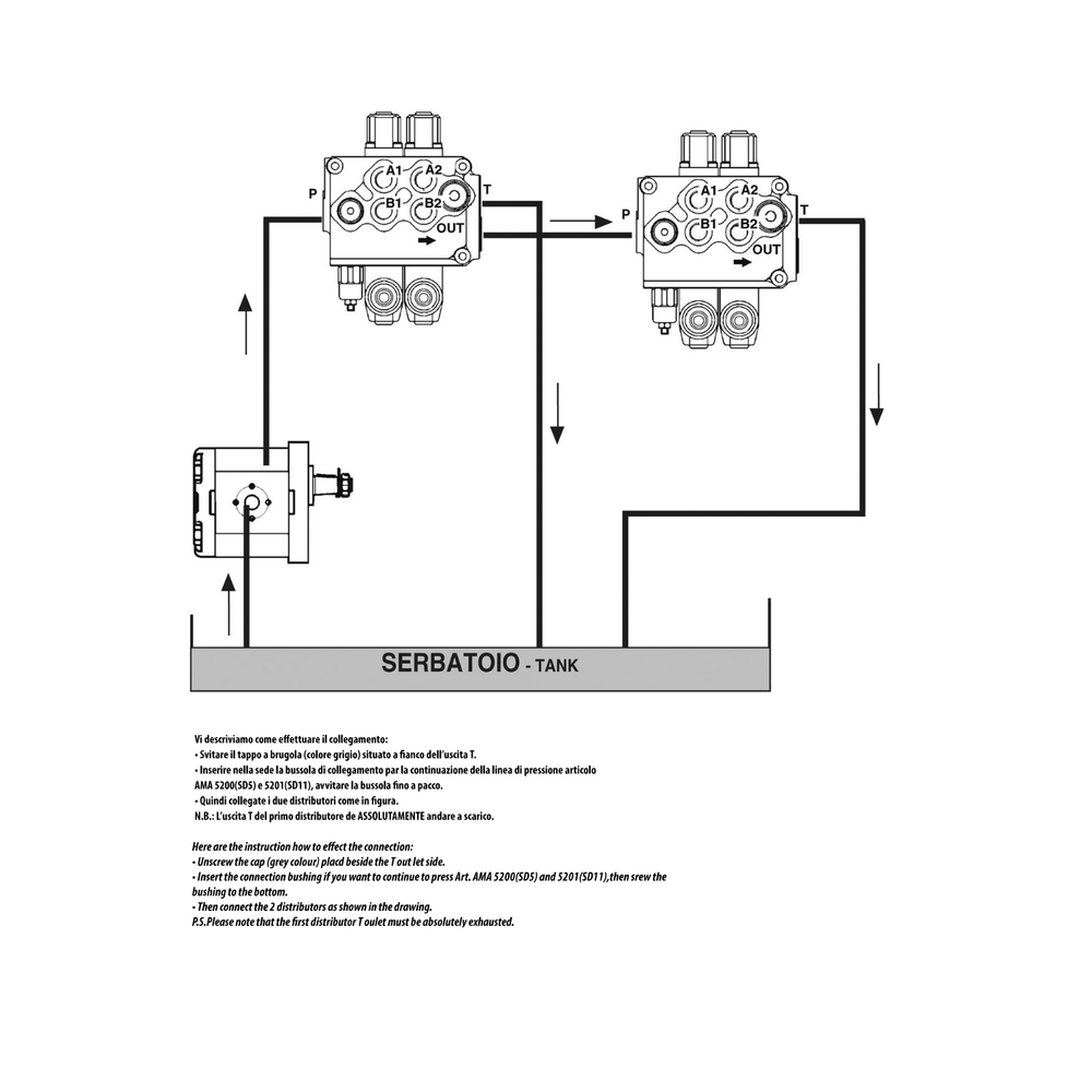 Distributore Walvoil modello SD5 a 2 leve doppio effetto - 40L - con leva cloche e cavi 1500mm - Walvoil