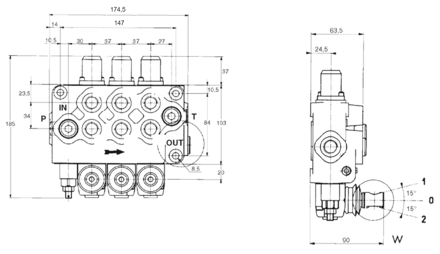 Distributore Walvoil modello SD5 a 3 leve semplice effetto e doppio effetto - 40L - Walvoil
