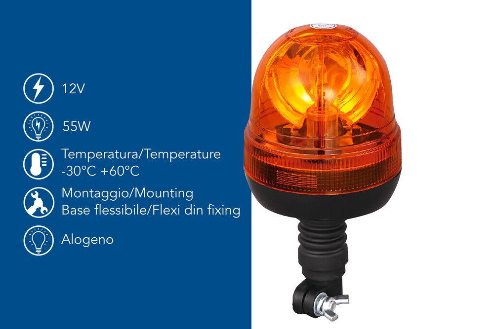 Lampeggiante alogeno per trattori base flessibile magnetica 12V 55W - Ama