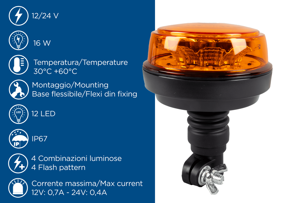 Lampeggiante a LED 12-24V base flessibile - Ama