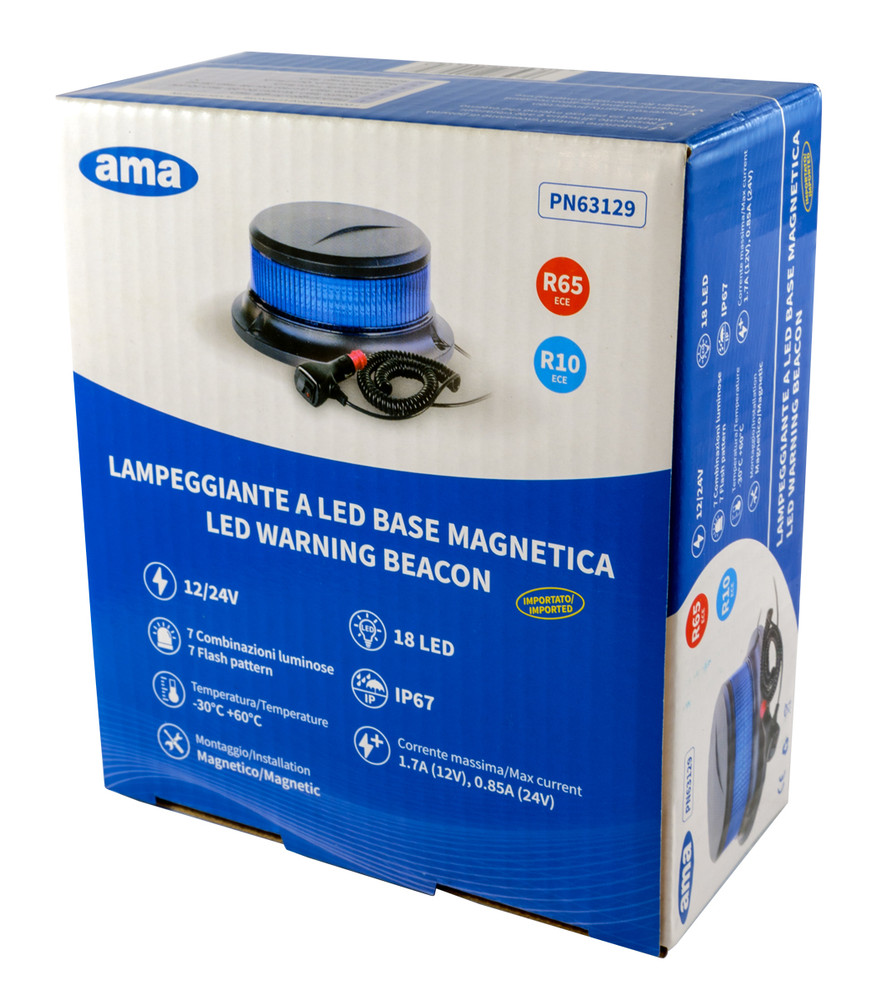 Lampeggiante a led blu 12-24V base magnetica - Ama