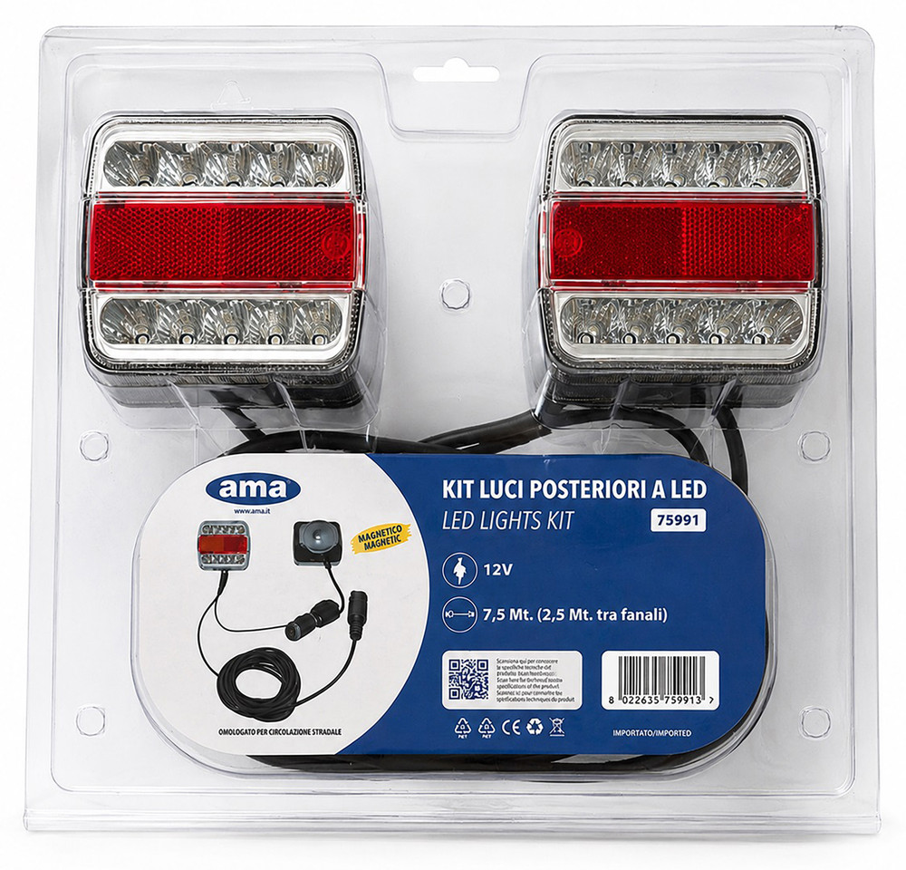 Kit luci con fanali a LED magnetico 12V cavo 7,5m + 2,5m tra fanali - Ama