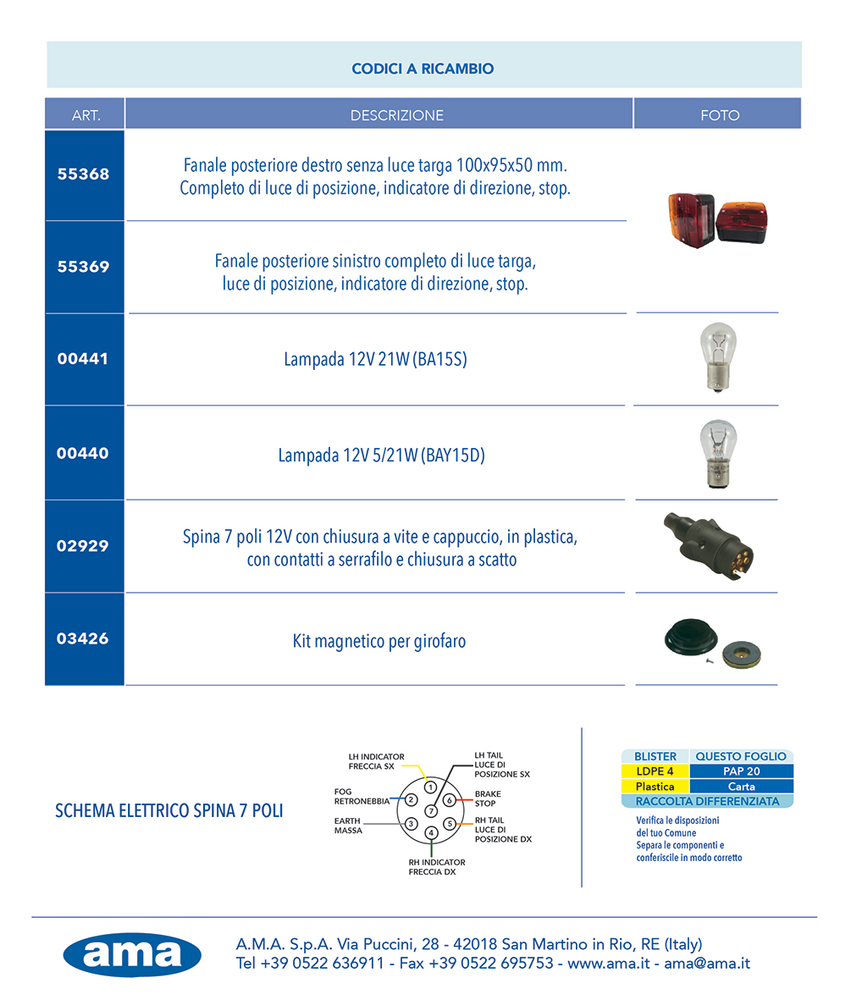 Kit luci posteriori alogene 12V con cavi 7,5+2,5m - Ama
