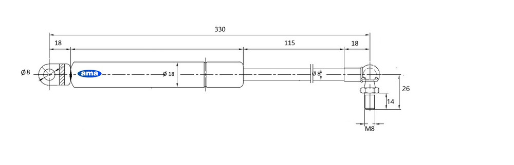 Molla a gas estensione max 330mm 110N adattabile a Same - Ama