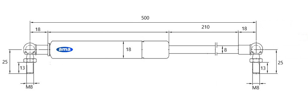 Molla a gas estensione max 500mm 350N 2 terminali a sfera - Ama
