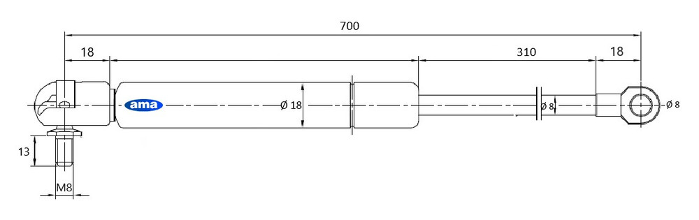 Molla a gas estensione max 700mm corsa 309mm 200 N - Ama