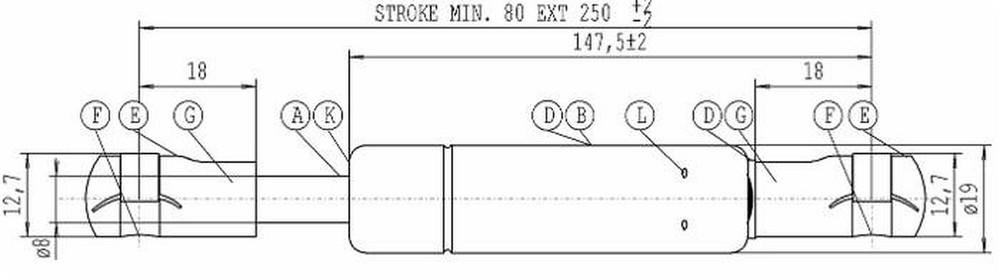 Molla a gas Stabilus estensione max 250mm 750 N adattabile al riferimento originale Deutz-Fahr M600 04429617/8 - Stabilus