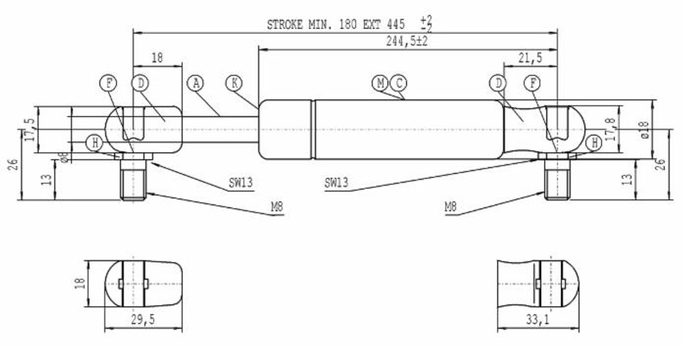 Molla a gas Stabilus estensione max 445mm 150 N adattabile al riferimento originale Deutz-Fahr 001105990 - Stabilus