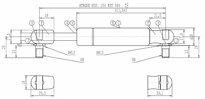 Molla a gas Stabilus estensione max 585mm 150 N adattabile al riferimento originale CNH 1-99-976-065 - Stabilus