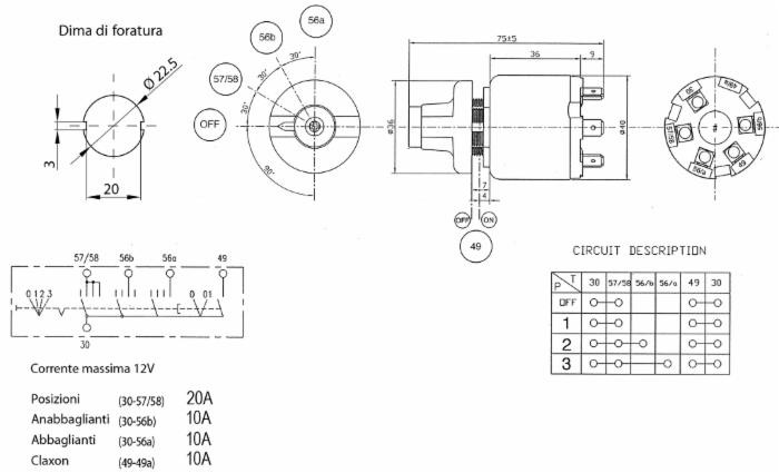 Commutatore luci 12V 4 posizioni con avvisatore acustico dima 40mm - Ama