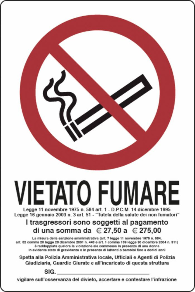 Cartello segnaletica "vietato fumare" con legge 30x20 - Ama