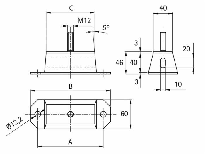 Supporto antivibrante rettangolare Ama 50x40 mm con perno M12 - Ama