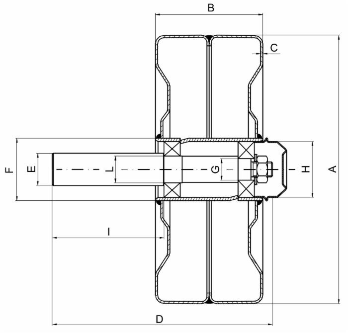 Ruota in lamiera completa con albero 300x100mm - Ama