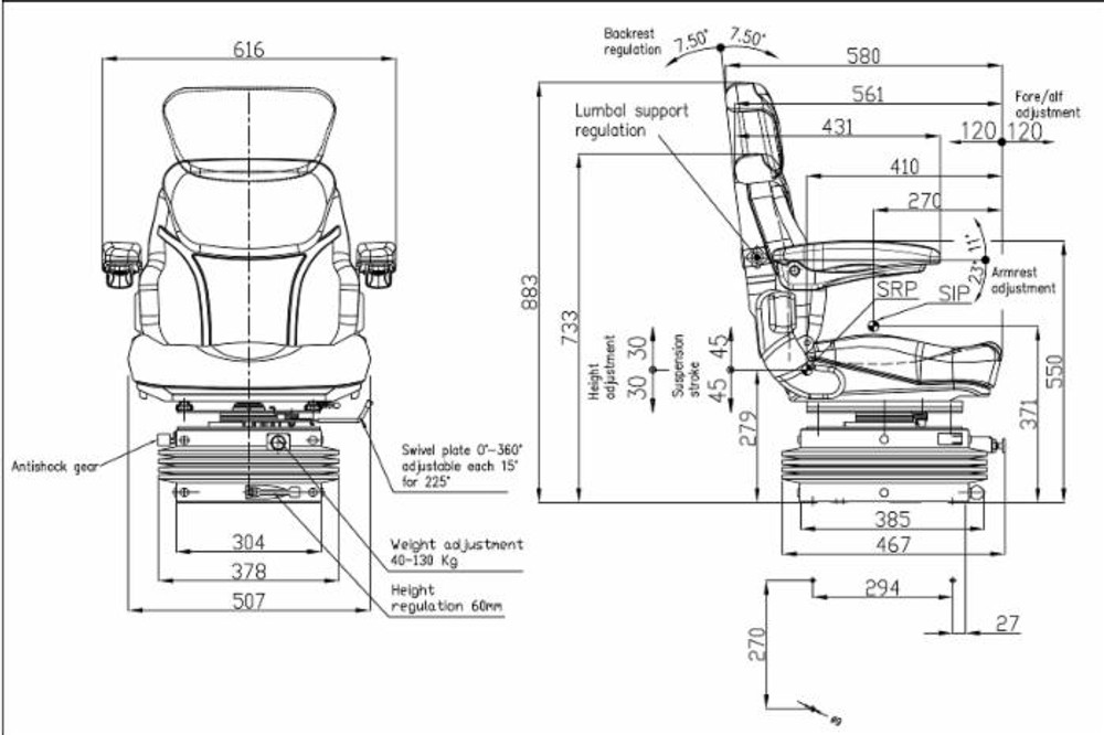Sedile Activo Plus in tessuto nero con sospensione pneumatica e piastra rotante - Seat Industries