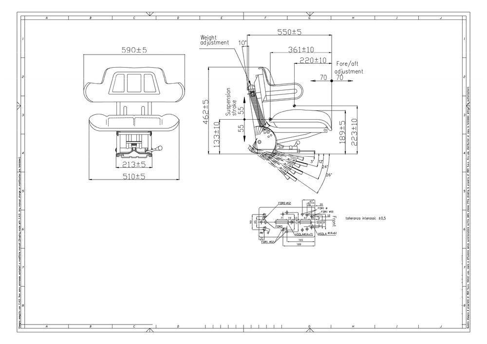 Sedile avvolgente con molleggio in sky nero larghezza 590mm - Seat Industries