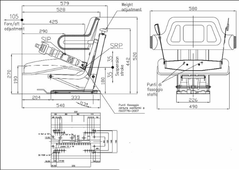 Sedile serie 3 in sky nero con sospensione e cintura di sicurezza statica - Seat Industries