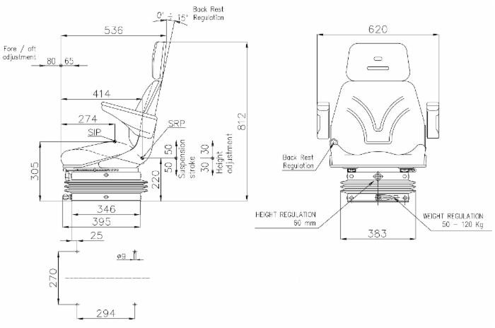 Sedile Top in tessuto nero completo di sospensione meccanica e guide - Seat Industries