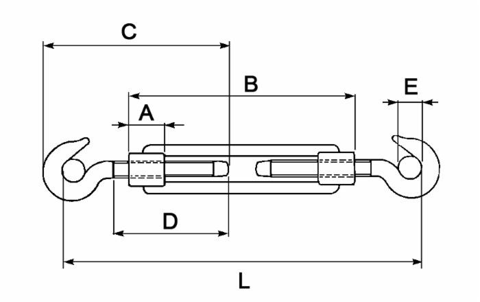Tenditore a due ganci in acciaio con Ø filetto 3/8" e l minima = 204mm - Ama