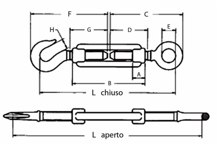 Tenditore ad occhio e gancio in acciaio con Ø filetto 5/16" e l minima = 162mm - Ama