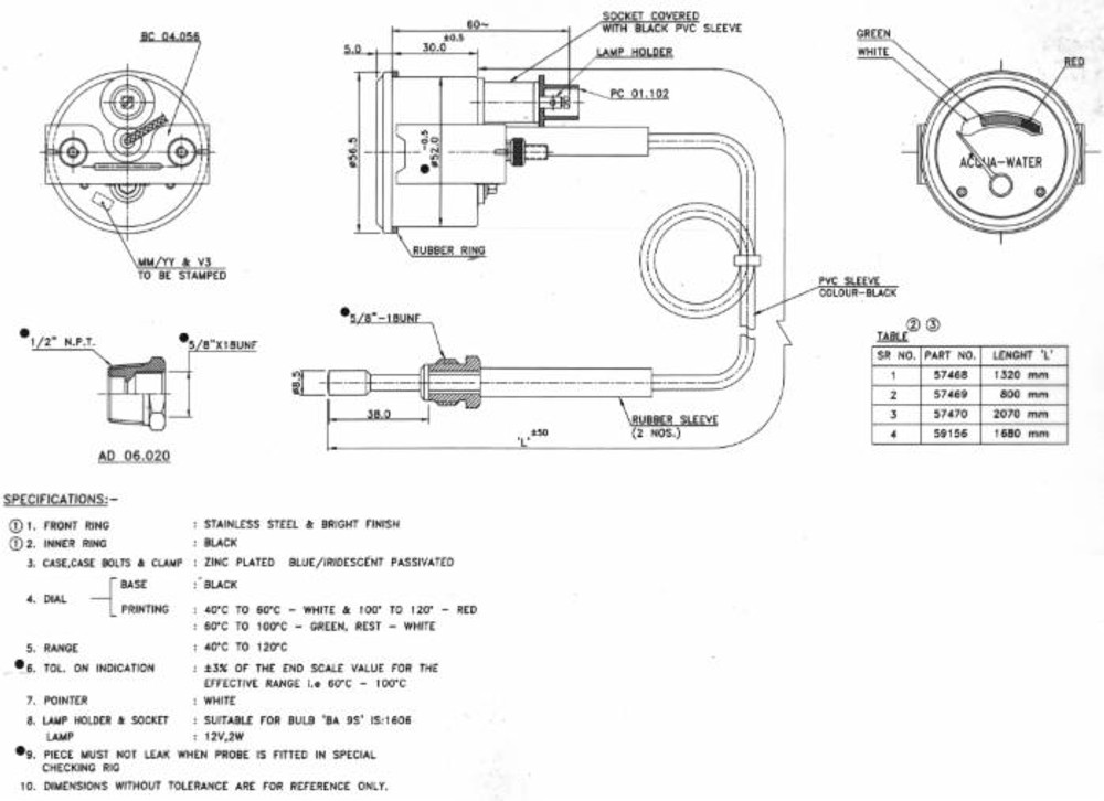 Indicatore temperatura acqua capillare 40-120° cavo 2070mm adattabile Massey Ferguson - Ama