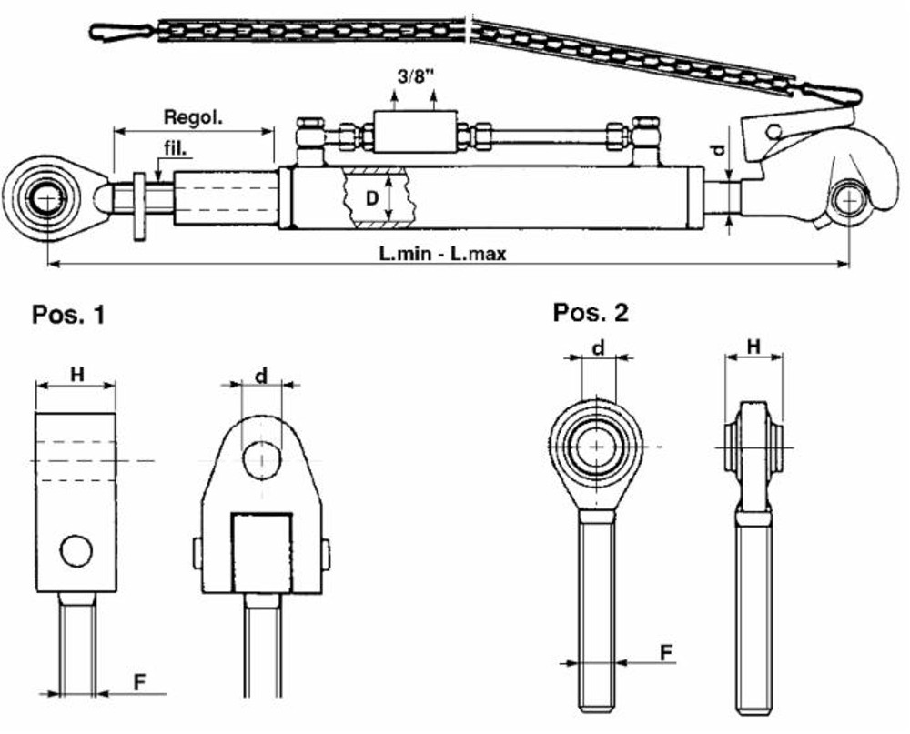 Terzo punto idraulico II cat. alesaggio 63mm lunghezza regolabile 670-880mm con gancio rapido - Ama Terzo punto idraulico II cat. alesaggio 63mm lunghezza regolabile 670-880mm con gancio rapido - Ama