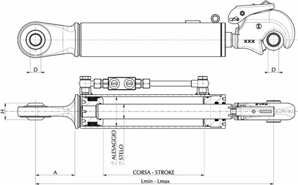 Terzo punto idraulico per trattore II cat. alesaggio 70mm Ø stelo 35mm lunghezza 564-804mm versatile e resistente - Ama