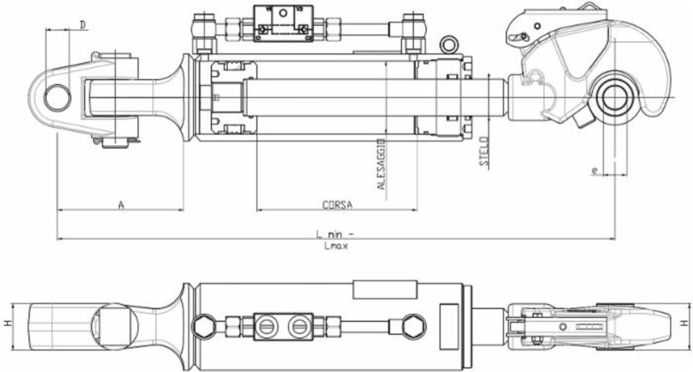 Terzo punto idraulico per trattore III cat. alesaggio 90mm Ø stelo 45mm lunghezza 660-910mm adattabile Massey Ferguson - Ama