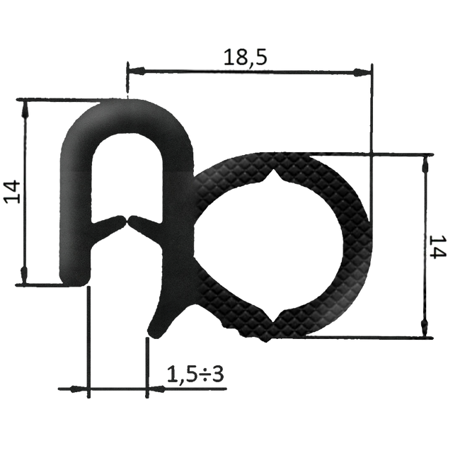 Guarnizione per lamiera o ABS e cofani con aggancio fino a 3mm (5 mt) - Ama