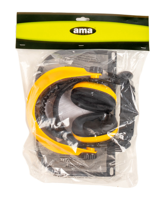 Visiera protettiva gialla con schermo in rete e cuffie confezionata - Ama