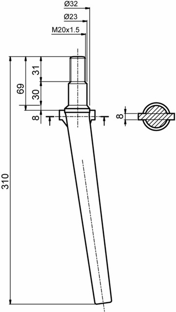 Dente per erpice lunghezza 310mm foro M20 - Ama
