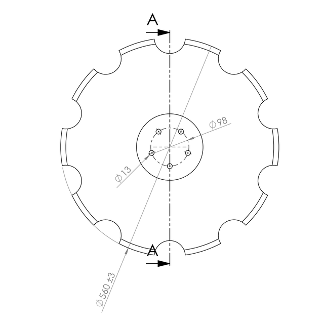 Disco 560x6 concavo dentato base piana, 5 fori ø 13 su ø 98 skf - Ama