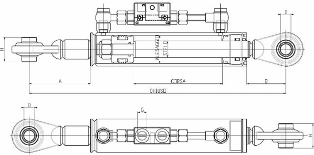 Terzo punto idraulico per trattore alesaggio 63mm Ø stelo 35mm lunghezza 590-870mm con snodo posteriore 90° - Ama