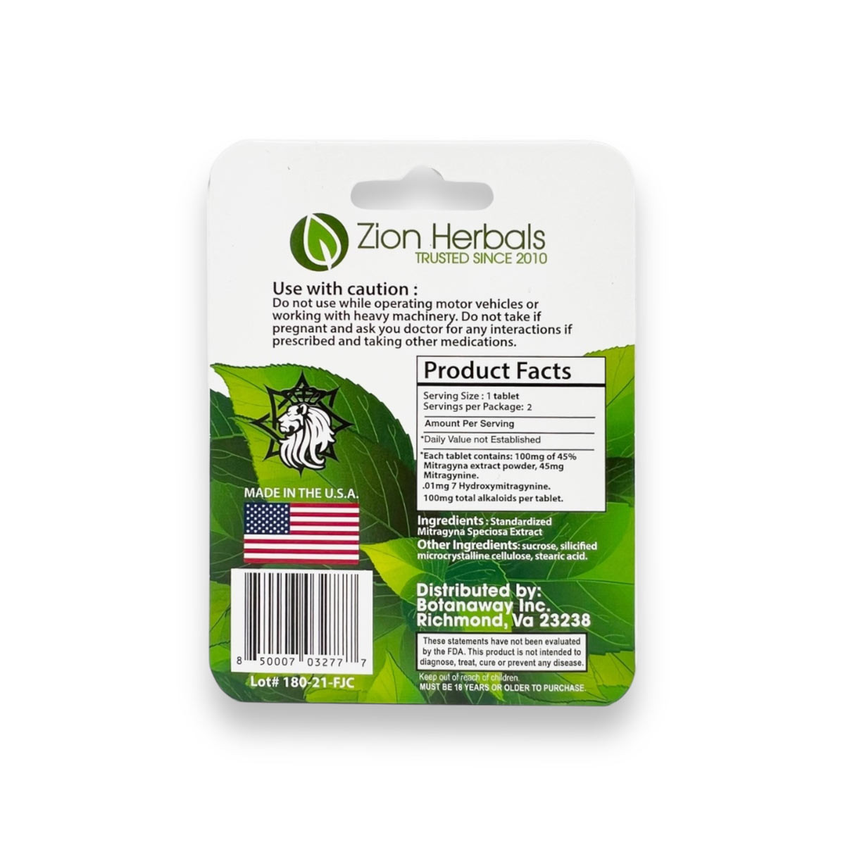 Zion Herbals Kratom Extract 45% Gold Reserve Capsules 2ct 200mg