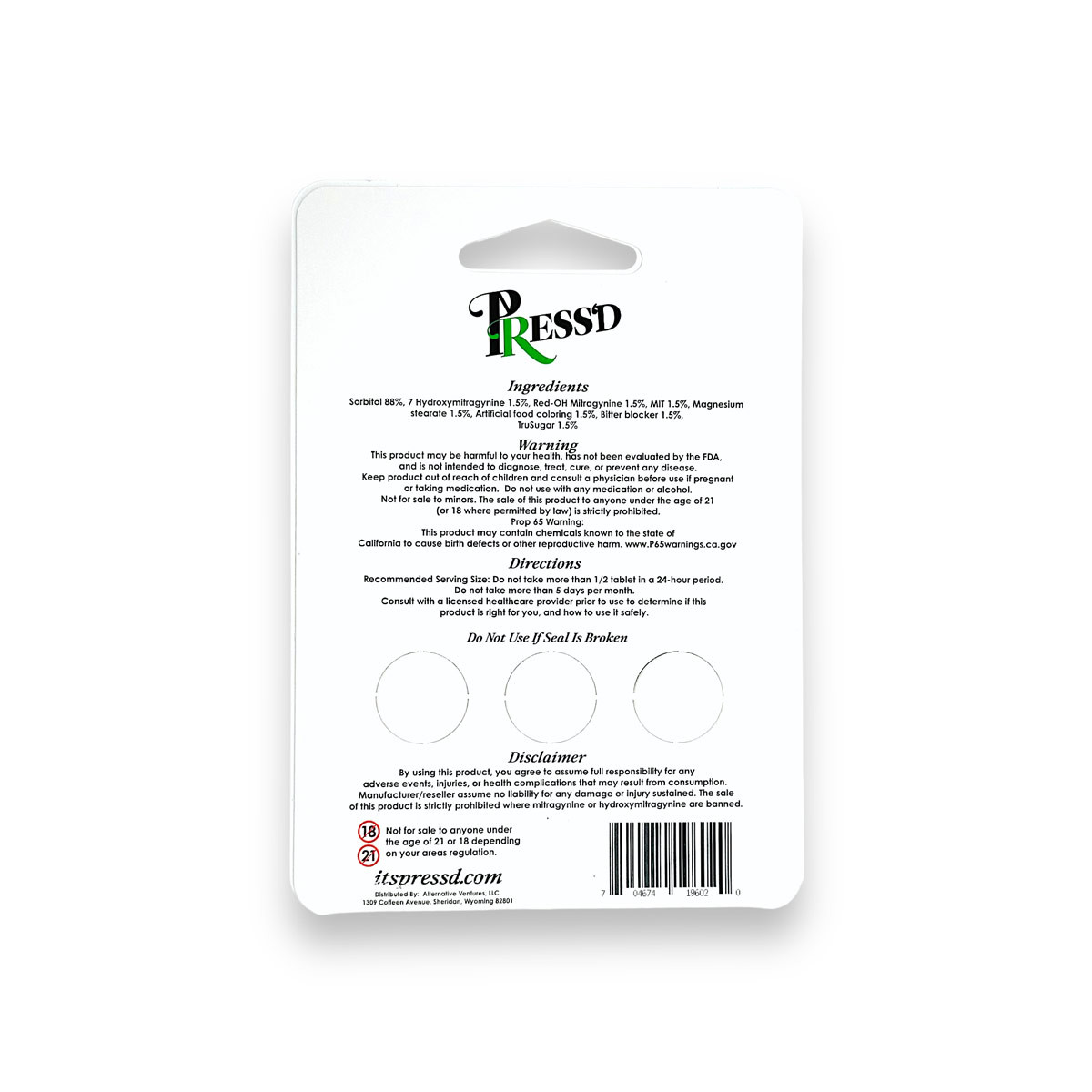 Press'D Kratom Hulk 7-hydroxymitragynine & Red OH Pseudo Tablets 3ct 30mg - Image 6