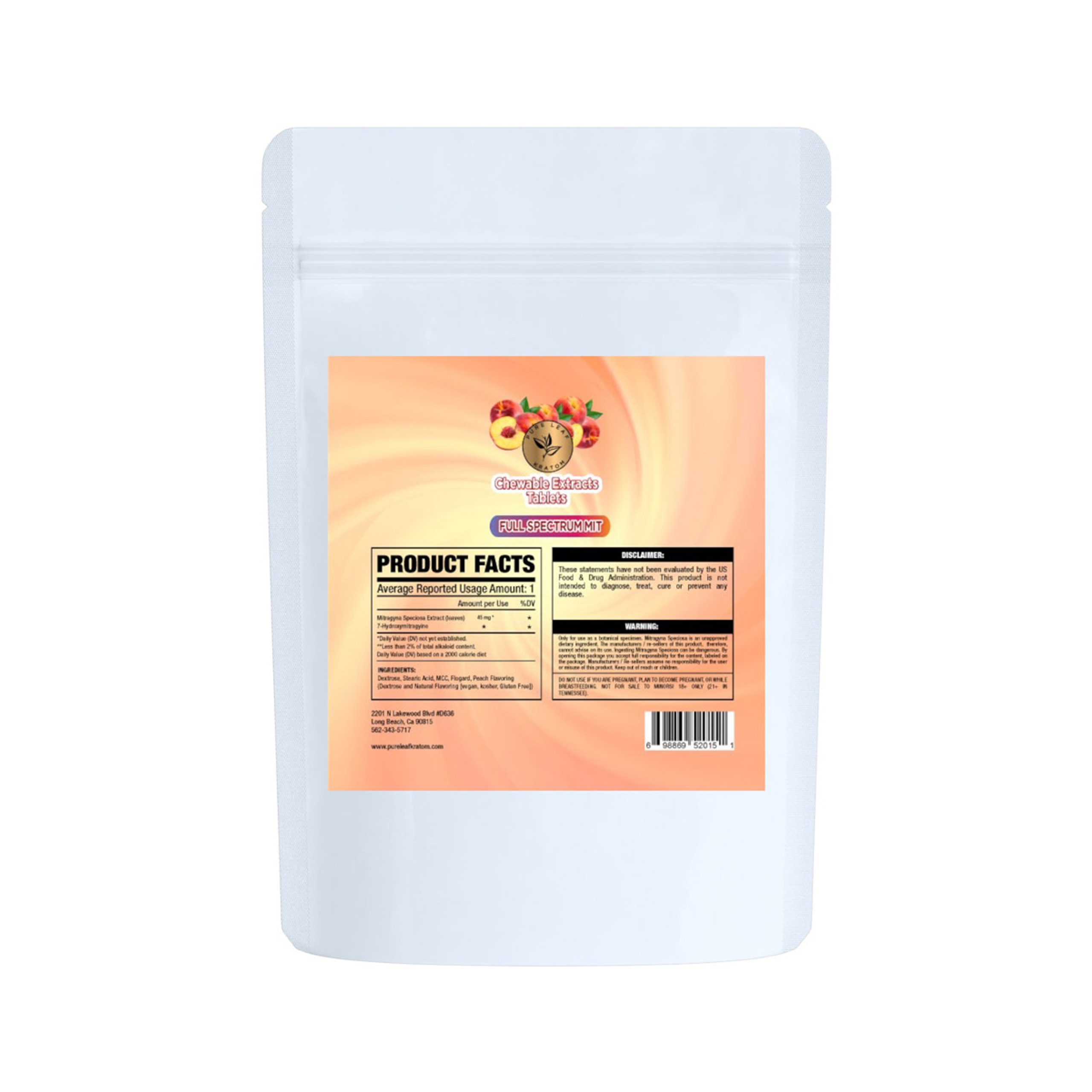 Pure Leaf Kratom Extracts Chewable Tablets Full Spectrum MIT Peach