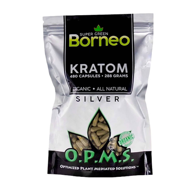 OPMS Silver Super Green Borneo Kratom 480 Capsules.