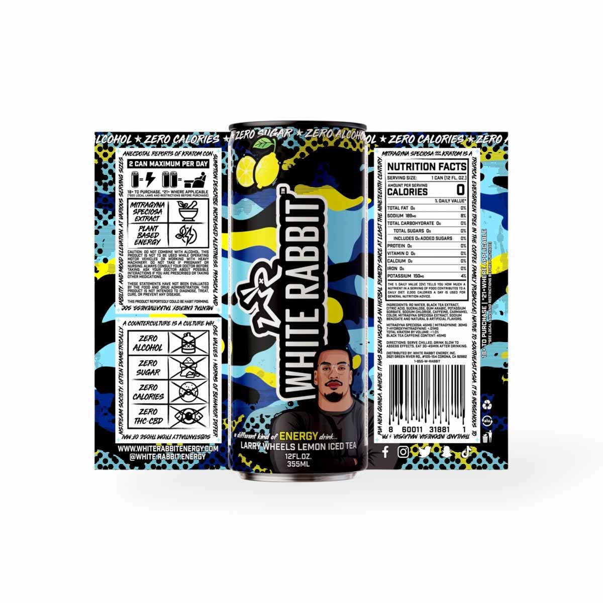 White Rabbit Larry Wheel's Lemon Ice Tea Kratom Seltzer 12oz