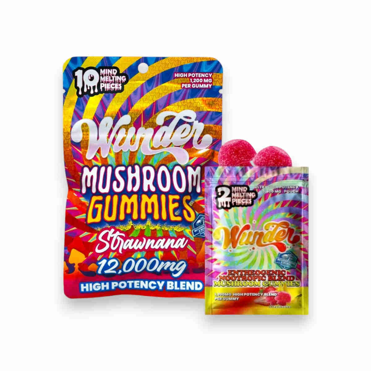 Wunder High Potency Blend Mushroom Gummies Strawnana 1,200mg Per Gummy