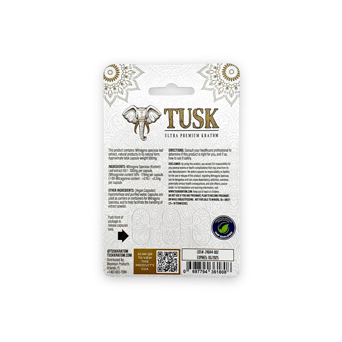 Tusk Platinum Ultra Premium Extract Kratom Capsules 3 Ct 534mg