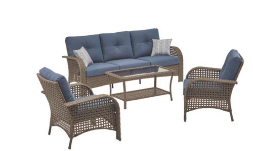 Living Accents St. Charles 4 pc Walnut Steel Wicker Deep Seating Set Navy